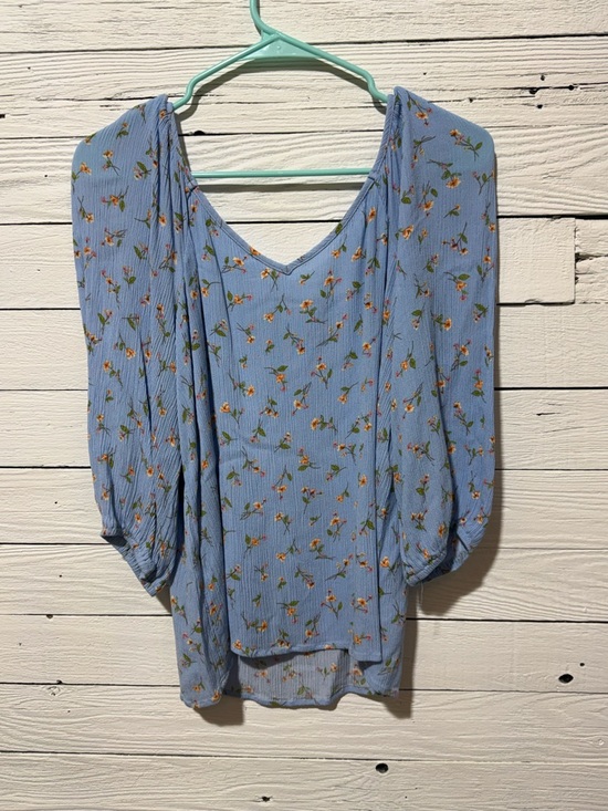 Live to be Spoiled Tops - Light Blue Floral V-Neck Balloon-Sleeve Blouse